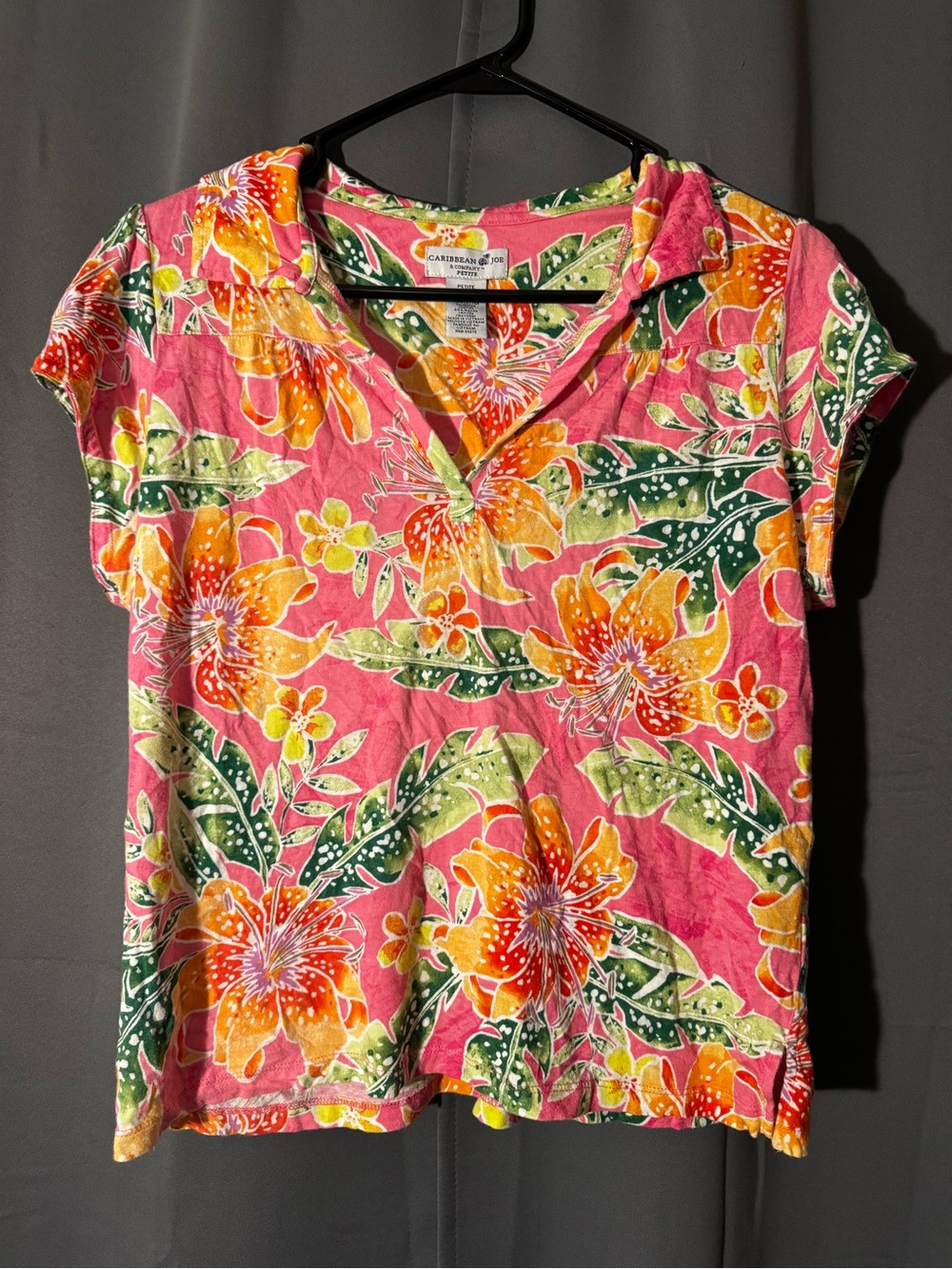 Caribbean Joe Pink Tropical Floral V-Neck Short Sleeve Top